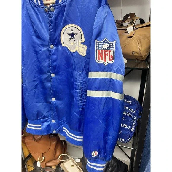 Vintage 1980s Shain Of Canada NFL Dallas Cowboys Blue Satin Bomber Jacket Size L